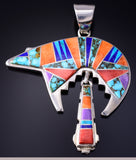 Silver & Turquoise Multistone Navajo Inlay Bear Pendant by Aldora Henry 5L13H