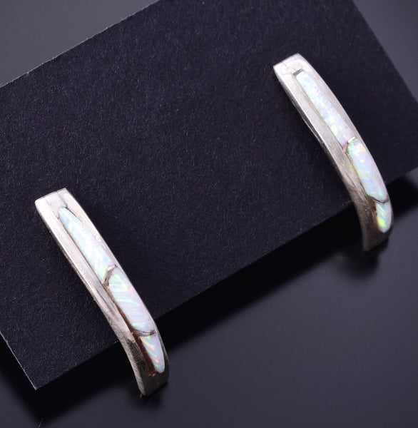 Silver & Opal Zuni Inlay Curved Earring by Kent Lonjose 3H02R