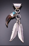 Silver & Turquoise & Faux Claw & Feathers Navajo Pendant by Ernest Hawthorne 3G03W