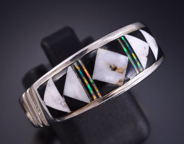 Size 11-1/2 Silver & White Buffalo Turquoise Navajo Inlay Mens Ring by Rick Tolino 5L05S