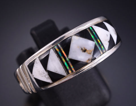 Size 11-1/2 Silver & White Buffalo Turquoise Navajo Inlay Mens Ring by Rick Tolino 5L05S
