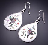 Silver & Coral Multistone Navajo Inlay Hummingbirds Earrings by Raymond Boyd 3F12K