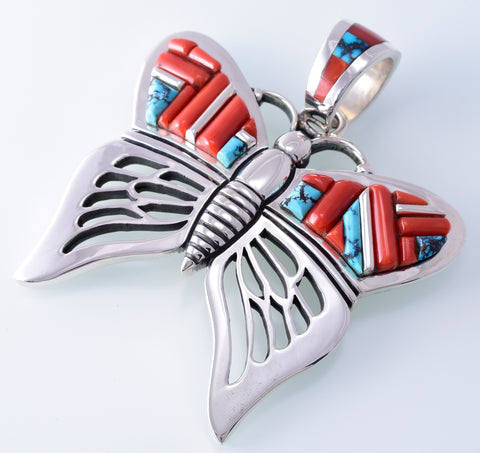 Silver & Coral & Turquoise Navajo Inlay Butterfly Pendant by Erick Begay 3H20Y