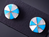 Silver & Turquoise & Mother of Pearl Zuni Inlay Earrings by Johnson Laweka 3H02K