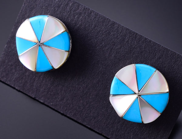 Silver & Turquoise & Mother of Pearl Zuni Inlay Earrings by Johnson Laweka 3H02K