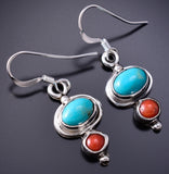 Silver & Turquoise w/ Coral Navajo Dangle Earrings by Gary Shorty 6G29S