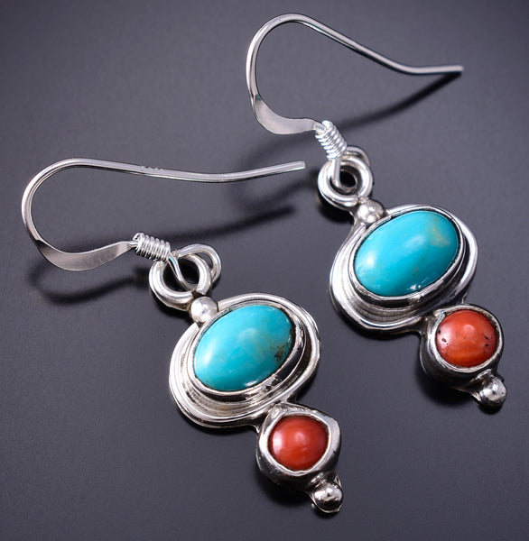 Silver & Turquoise w/ Coral Navajo Dangle Earrings by Gary Shorty 6G29S