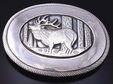 Vintage Silver Navajo Handmade Roaming Elk Belt Buckle by Tom Bahe 5L13M