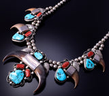 Vintage Silver & Turquoise Coral Bear Claw Navajo Necklace by EB 4K28A