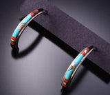 Silver & Turquoise Multistone Zuni Inlay Half Hoop Earrings by Jeanette Chavez 3G03E