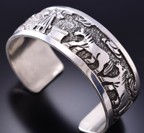 Horses and Windmill Storyteller Silver Bracelet by Elaine Becenti 6K28G