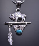 Turquoise and Silver Buffalo Spear & Eagle Feather Pendant - Navajo 8d16C