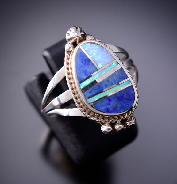 Size 9 Opal and Denim Lapis Navajo Inlay Ring by James Manygoats 6K22V