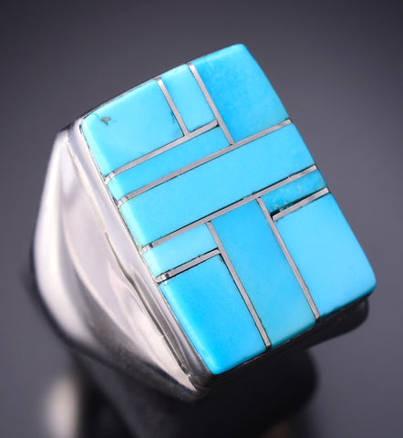 Size 10-3/4 Silver & Turquoise Navajo Inlay Men's Ring 6D27U