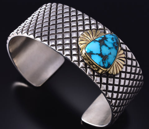 Silver & 18k Gold w/ Kingman Turquoise Navajo Bracelet by Erick Begay 5H01E