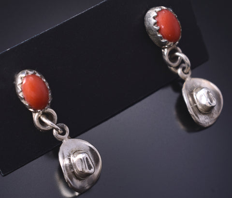 Silver & Coral Navajo Handmade Cowboy Hat Earrings by Judy Largo 5G16X