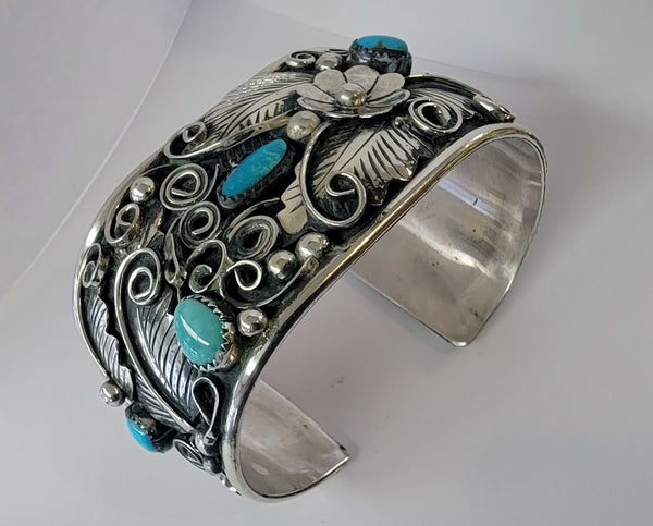 Wide Silver Navajo Turquoise Cuff Bracelet by Jerry Thompson - 5L17A