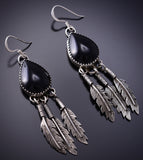 Silver and Onyx Navajo Teardrop Earrings with 3 Feathers -6K02D