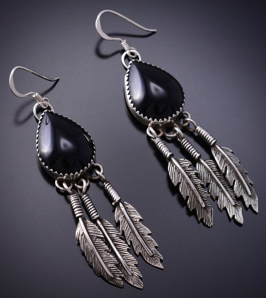 Silver and Onyx Navajo Teardrop Earrings with 3 Feathers -6K02D