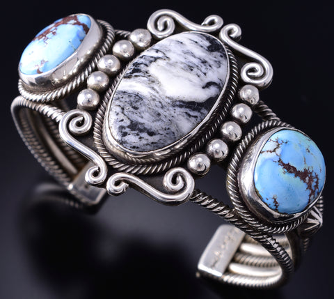 Silver & Golden Hills Turquoise White Buffalo Navajo Bracelet Erick Begay 6C01E