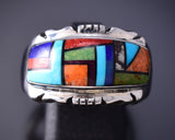 Size 10-3/4 Silver & Turquoise Multistone Navajo Inlay Ring stamped DD 6F09Z