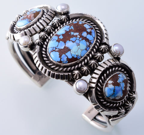 Silver & Golden Hills Turquoise & Fresh Water Pearl Bracelet by Erick Begay 3H19H