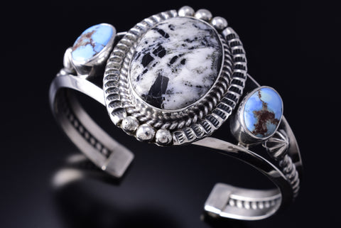 Silver & Golden Hills Turquoise White Buffalo Navajo Bracelet Erick Begay 6C01F