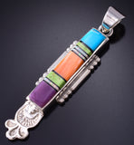Silver & Turquoise Multistone Navajo Inlay Long Pendant by Benson Shorty 5L13B