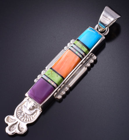 Silver & Turquoise Multistone Navajo Inlay Long Pendant by Benson Shorty 5L13B