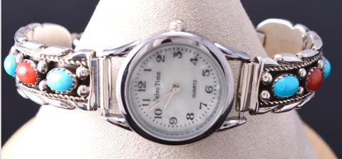 Vintage Silver & Turquoise w/ Coral Navajo Handmade Watch stamped TG 6H31N