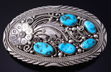 Vintage Silver & Sleeping Beauty Turquoise Navajo Feathers Buckle by M 5H21P