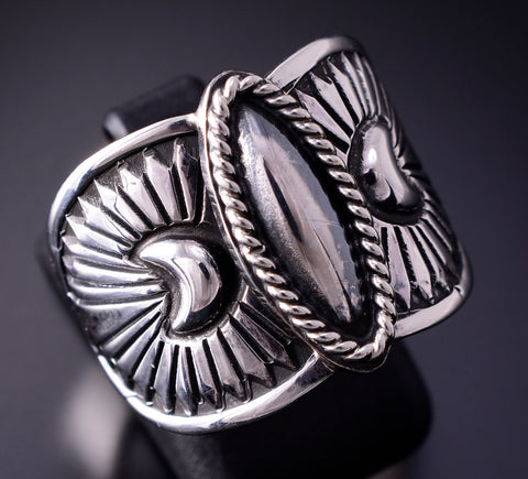 Size 9 Silver Navajo Handstamped Concho Ring by Derrick Gordon 4C31R