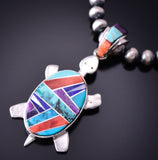 Silver & Turquoise Multistone Navajo Inlay Turtle Pendant by TSF 3L13H