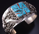Silver & Turquoise w/ Coral Accents Navajo Inlay Bracelet by Mark Yazzie 5J18X