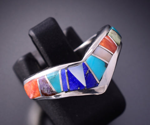 Size 6-1/2 Silver & Turquoise Multistone Navajo Inlay Dip Ring by TSF 3L16M