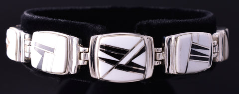 Silver & White Buffalo Turquoise Navajo Inlay Link Bracelet by TSF 3L16A