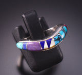 Size 6-3/4 Silver & Turquoise Multistone Navajo Inlay Dip Ring by Roseanne Long 3F22U