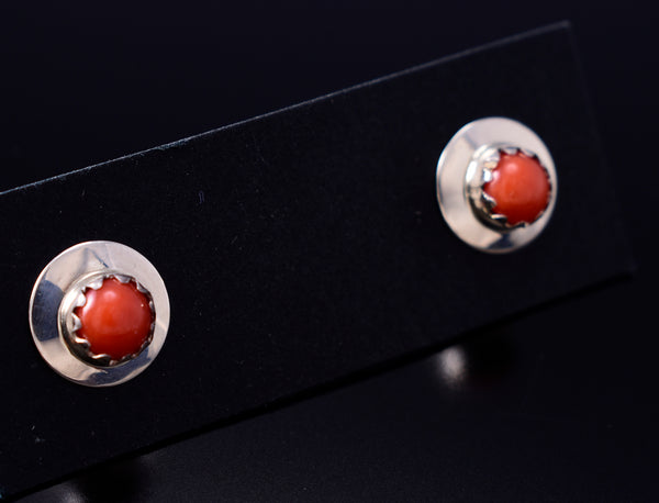Red Coral - Navajo Handmade Sterling Silver Post Earrings by Juanita Manygoats - 6J31N