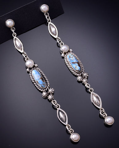 Silver & Golden Hills Turquoise w/ Fresh Pearl Navajo Earrings Erick Begay 6H16L
