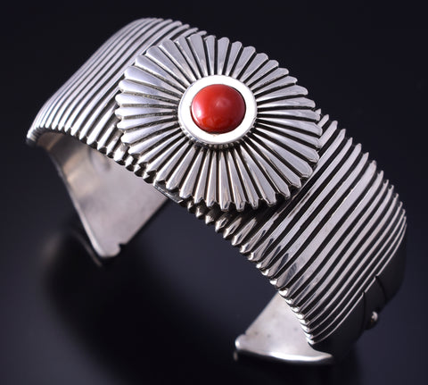 Vintage Silver & Mediterranean Coral Navajo Handmade Bracelet by Jay Livingston 5E06L