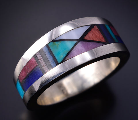Size 8 Silver & Turquoise Multistone Navajo Inlay Ring by Jimmy Harrison 5H02U