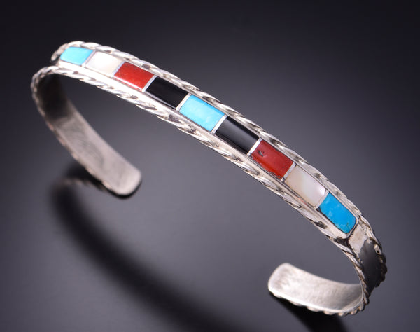 Silver & Turquoise Multistone Zuni Inlay Bracelet by Jessica Chavez 3F12G