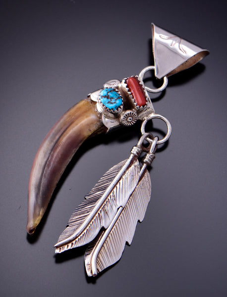 Silver & Turquoise & Coral with Claw Navajo Pendant by Ernest Hawthorne 3F05D