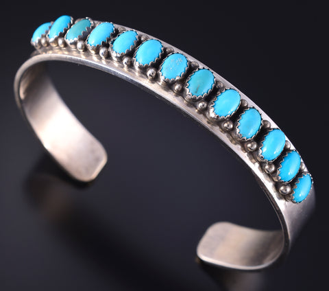Vintage Silver & Turquoise Row Navajo Bracelet signed LJ 5K10H