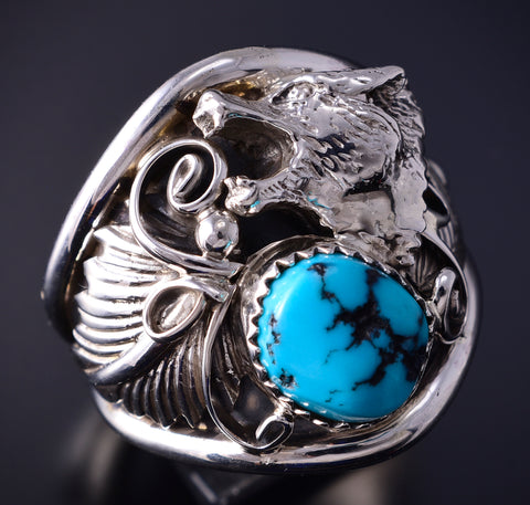 Size 13-1/2 Silver & Turquoise Navajo Handmade Wolf Ring Jeanette Saunders 5D09K