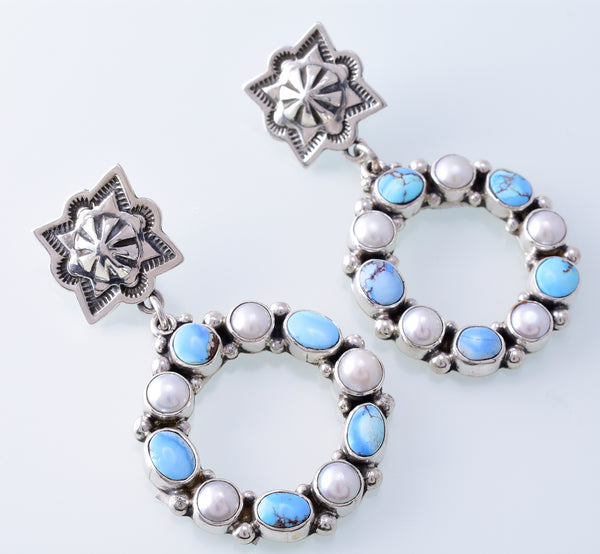 Silver & Golden Hills Turquoise & Pearl Navajo Circle Earrings by Erick Begay 3H20C