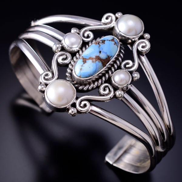 Silver & Golden Hills Turquoise Fresh Pearl Navajo Bracelet by Erick Begay 6F28P