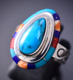 Size 9 Silver & Turquoise Multistone Native American Inlay Ring stamped DR 6F17C