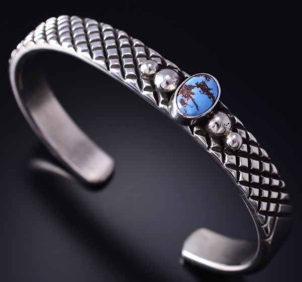 Silver & Golden Hills Turquoise Navajo Handstamped Bracelet by Erick Begay 5H02C