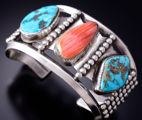 Vintage Silver & Turquoise w/ Spiny Oyster Shell Navajo Bracelet 6D28A